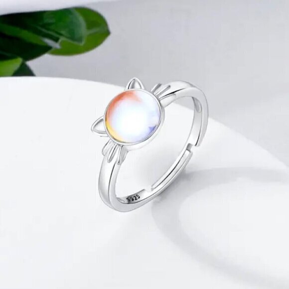 NWT S925 Sterling Silver Round Moonstone Cat Ring Adjustable Sz.6-8 - Picture 6 of 8